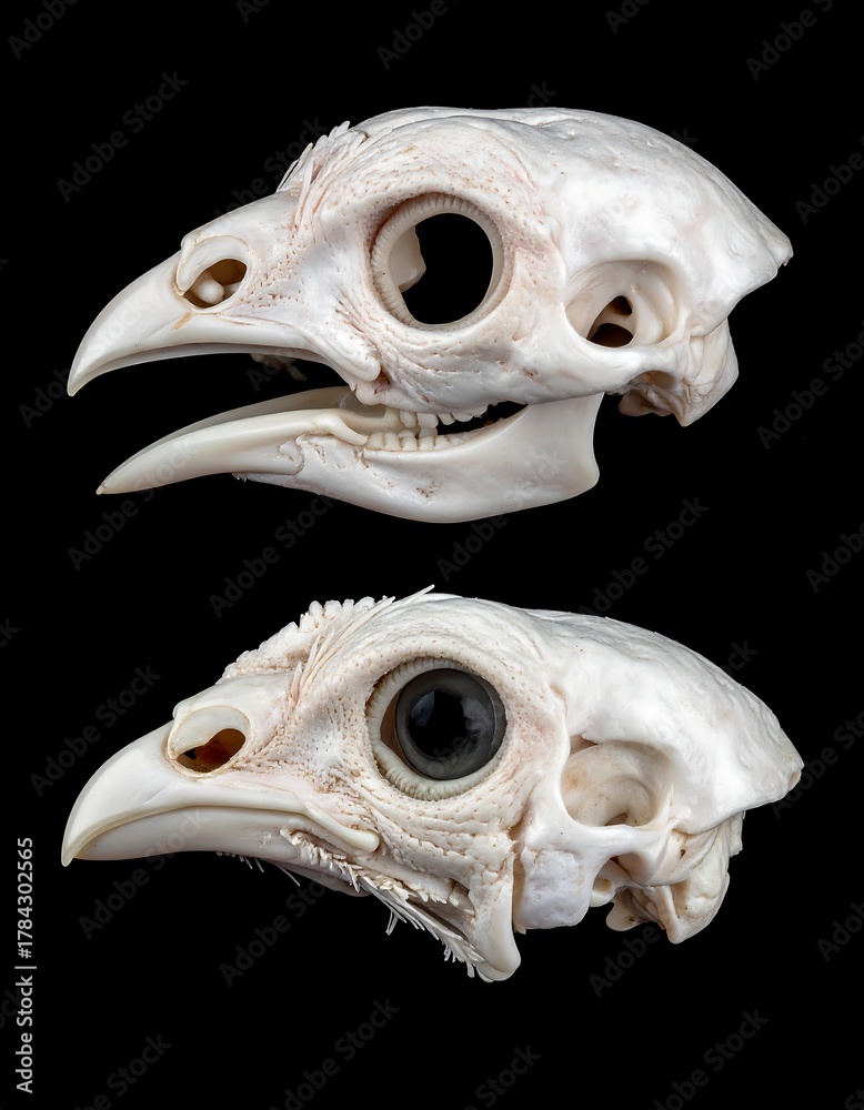 Naklejka premium Two detailed views of a bird's skull, showcasing bone structure