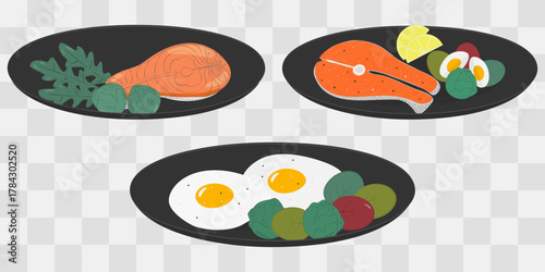 Salmon steak Fried Eggs with Greens and Boiled Egg Healthy Food Various Presentation in Black Dishes. Isolated Vector illustration Sticker Icon Healthy Eating Related content Menu cards, leaflets Set
