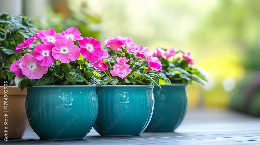 Obraz premium Beautiful impatiens flowers in colorful ceramic pots on sunny day