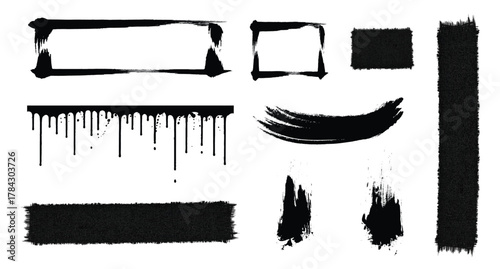 Bold vector grunge ink brush strokes, frames, and dripping textures, isolated elements for modern posters, branding, packaging, and graphic design.
