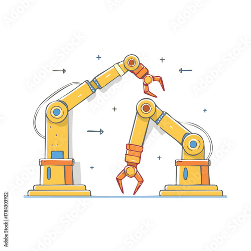 産業用ロボットアームによる作業自動化のベクターイラスト - スマートファクトリーとAI技術