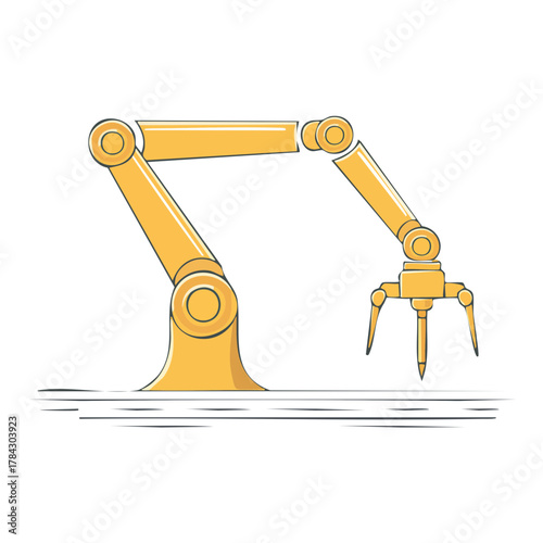 産業用ロボットアームによる作業自動化のベクターイラスト - スマートファクトリーとAI技術