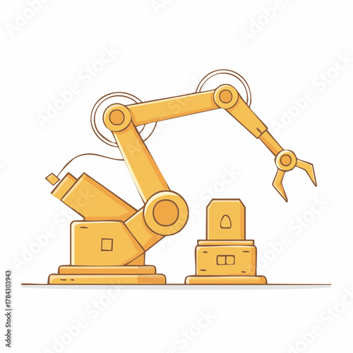 産業用ロボットアームによる作業自動化のベクターイラスト - スマートファクトリーとAI技術