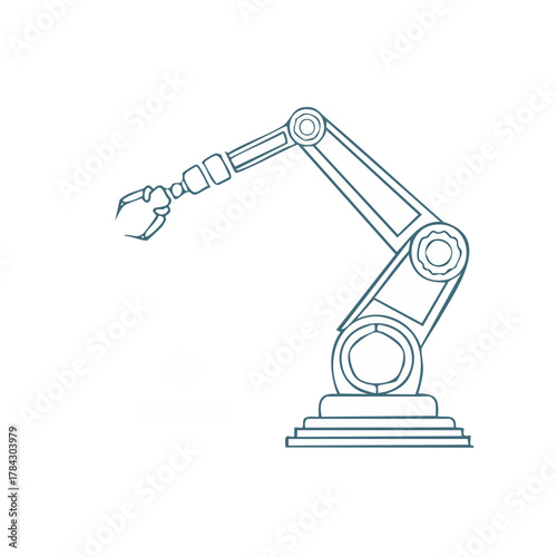 産業用ロボットアームによる作業自動化のベクターイラスト - スマートファクトリーとAI技術