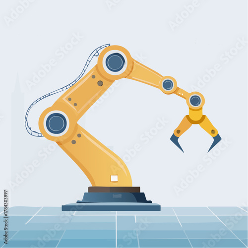 産業用ロボットアームによる作業自動化のベクターイラスト - スマートファクトリーとAI技術