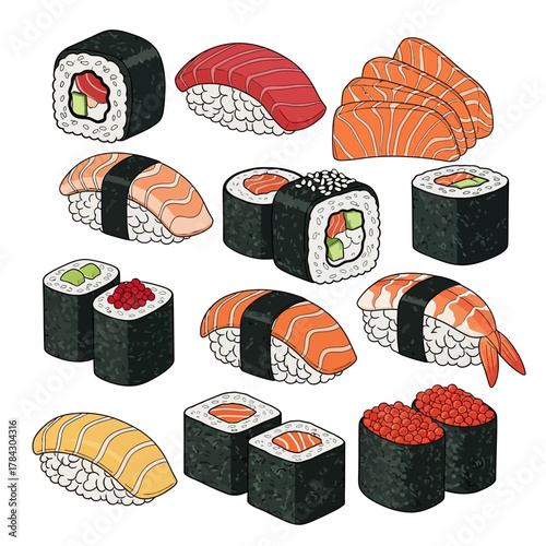 An assortment of various Japanese sushi and sashimi pieces, including maki rolls, nigiri, and salmon slices, presented on a white background.