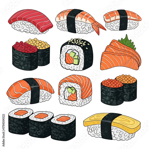 A vibrant and detailed illustration set of various Japanese sushi types, including nigiri, maki, and gunkan.
