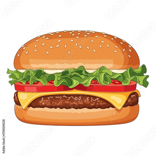 Illustration of a hamburger with lettuce, tomato, cheese, and a sesame seed bun on a white background.