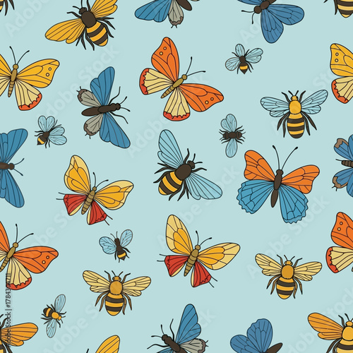 A colorful seamless pattern of hand-drawn butterflies and bees on a light blue background.