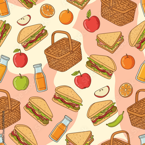 Seamless pattern of picnic items including baskets, sandwiches, apples, oranges, and juice bottles on a light background.