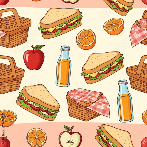 Seamless pattern of picnic items: basket, sandwich, apple, orange, juice.