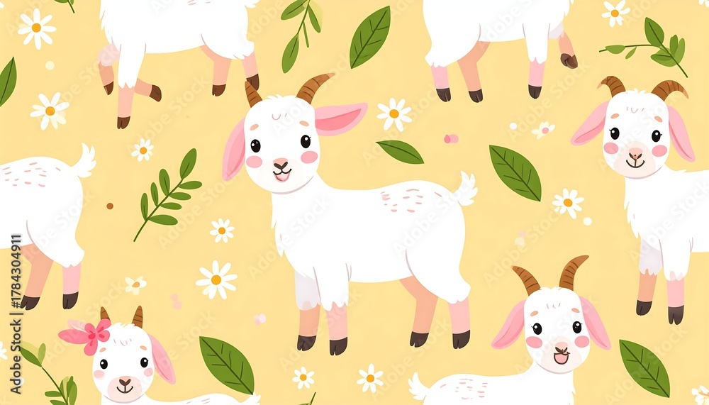 Fototapeta premium Whimsical repeating pattern featuring cartoon goats, leaves, and daisies