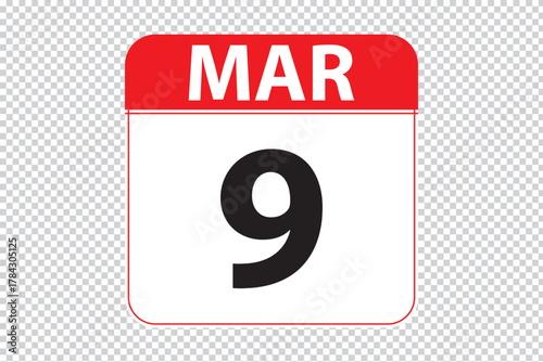 March 9 dates calendar icon.  simple and modern calendar icon on white background.