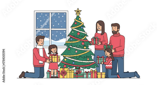 Joyful family celebrating winter holidays, exchanging gifts around a festive Christmas tree, embracing togetherness and the spirit of the season at home