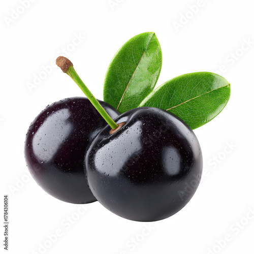 Two fresh acai berries with glossy dark purple skin and green leaves, isolated on transparent background.