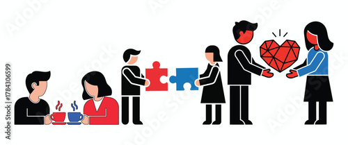 People connecting puzzle pieces and sharing a heart