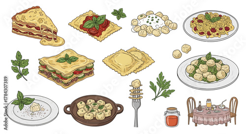 A collection of various Italian pasta dishes, including ravioli, lasagna, and tortellini, presented in a colorful illustration.
