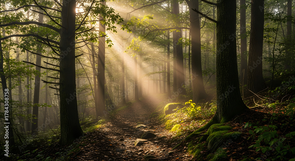 Obraz premium Sunlight Streaks Through Forest Canopy Serene Woodland Scenery