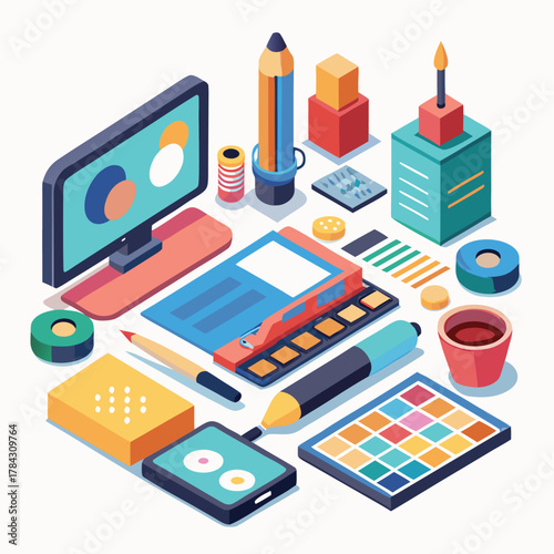 Isometric illustration of office and school supplies arranged in a flat design style