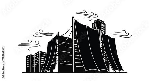 Modern architectural structure with flowing fabric against a backdrop of city buildings