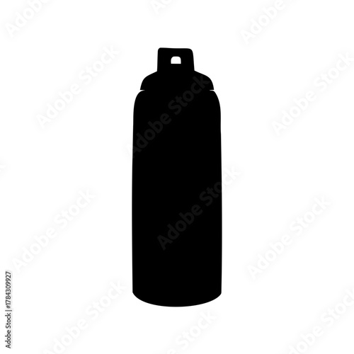 A minimalist black silhouette of an aerosol spray can on white background