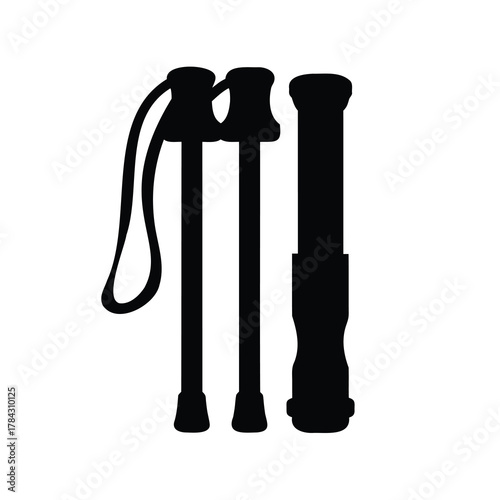 Silhouette illustration of folding trekking poles, hiking equipment in black and white