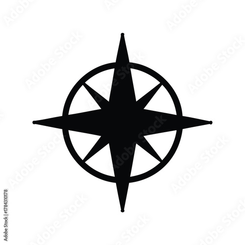 Eight pointed star compass rose enclosed in a circle, navigation and direction
