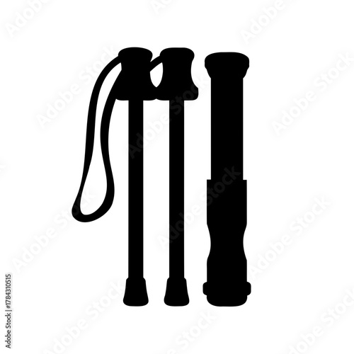 Black silhouette of foldable walking sticks or trekking poles equipment