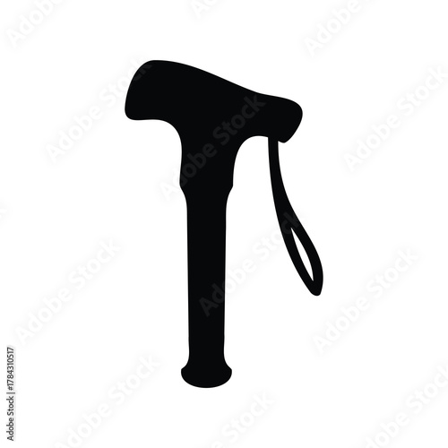 Black silhouette of a walking cane with a hand strap on white
