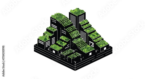 Futuristic city skyline with lush green rooftops and vertical gardens symbolizing sustainability and eco-friendly urban living.