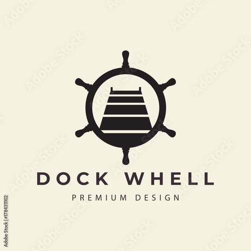 dock with ship steering wheel harbor logo design vector icon illustration