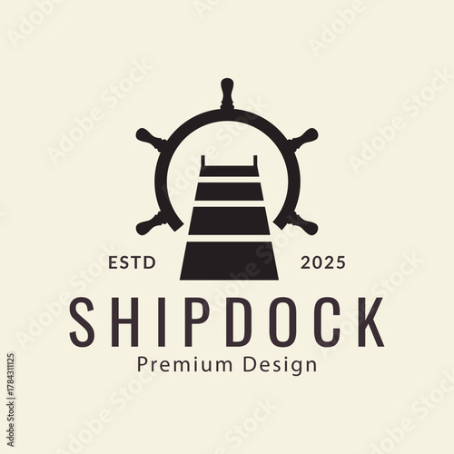 dock with steering whell harbor logo design vector icon illustration
