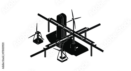 Futuristic renewable energy offshore platform with wind turbines and solar panels
