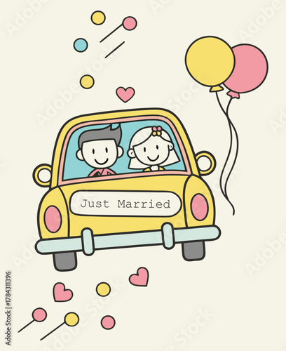 Just Married Couple Driving Away with Balloons