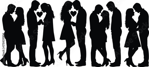 Six romantic couple silhouettes, affectionate poses with heart symbols, emotional connection theme, flat vector illustration, black and white art