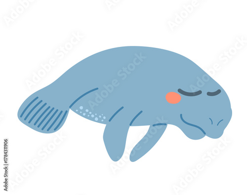 Cartoon vector illustration of a manatee character isolated on white background. Clip art for ocean wildlife designs, conservation education, and children’s animation projects