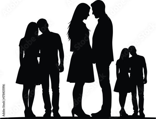 Three romantic couple silhouettes, affectionate poses, emotional connection theme, holding hands and leaning heads, flat vector illustration, black and white