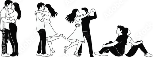 Romantic couple poses collection, kissing, dancing, embracing, affectionate gestures, emotional love theme, flat vector illustration, black and white art