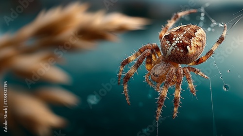 Arachne spider on its web with blurred green grassland background, top down macro photography with natural lighting and high detail.