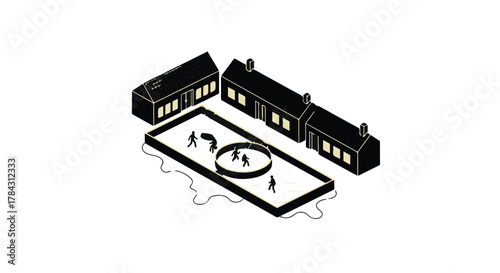 Modern minimalist architecture with people engaged in outdoor activity