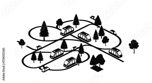 Futuristic urban transport system with autonomous pods navigating a scenic park.