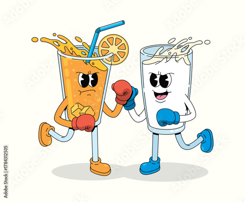 boxing orange drink vs milk character groovy cartoon illustration