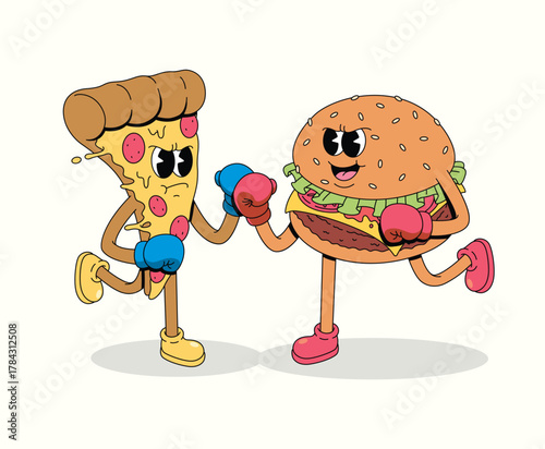 boxing pizza vs burger character groovy cartoon illustration