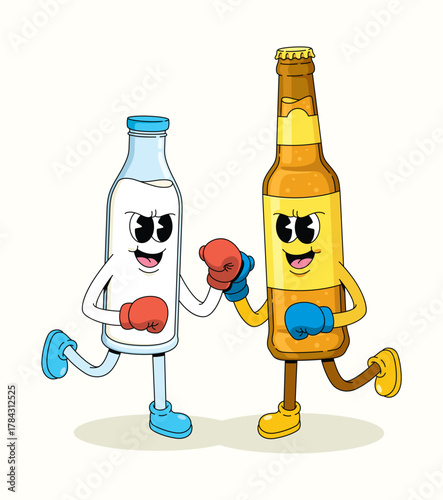 boxing milk vs beer bottle character groovy cartoon illustration
