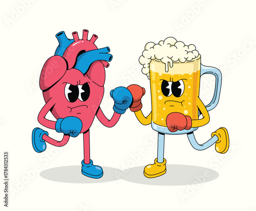 boxing heart vs beer character groovy cartoon illustration