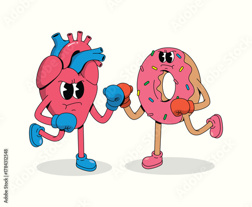 boxing heart vs donut character groovy cartoon illustration