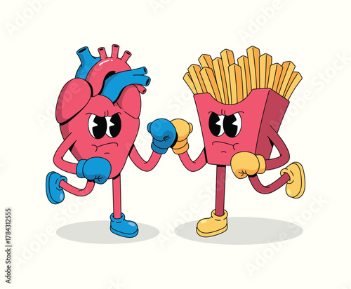 boxing heart vs french fries character groovy cartoon illustration
