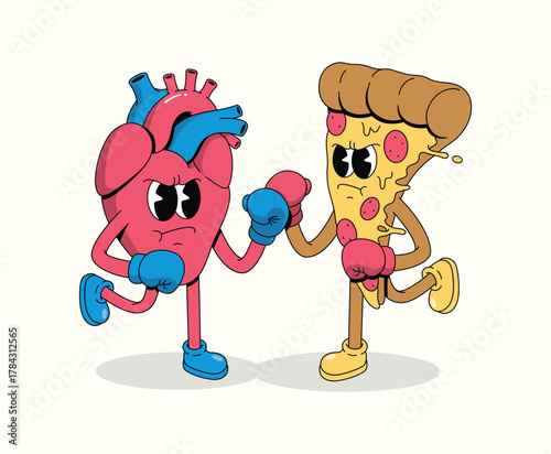 boxing heart vs pizza character groovy cartoon illustration