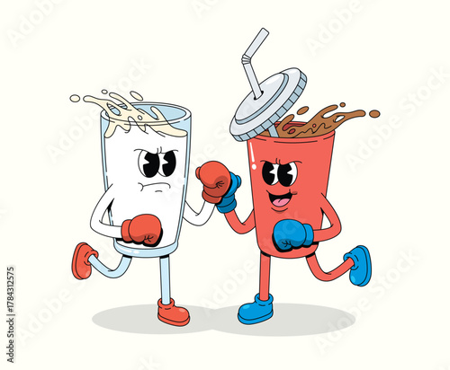 boxing milk vs soft drink character groovy cartoon illustration