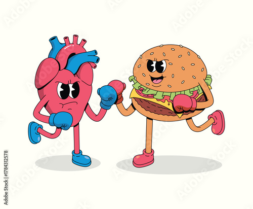 boxing heart vs burger character groovy cartoon illustration